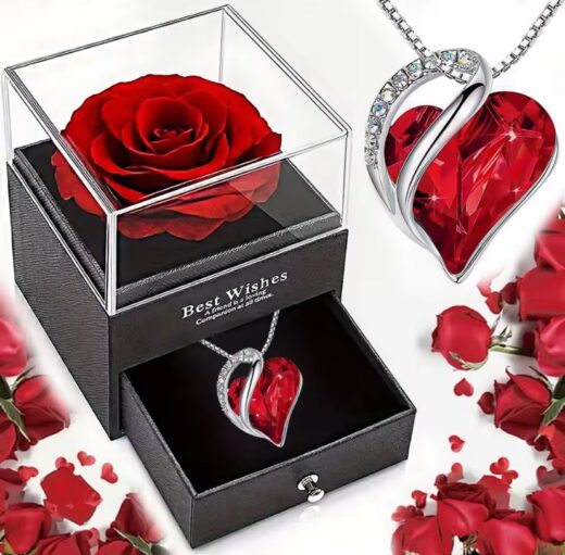 OCEAN HEART NECKLACE WITH ETERNAL ROSE JEWELRY BOX