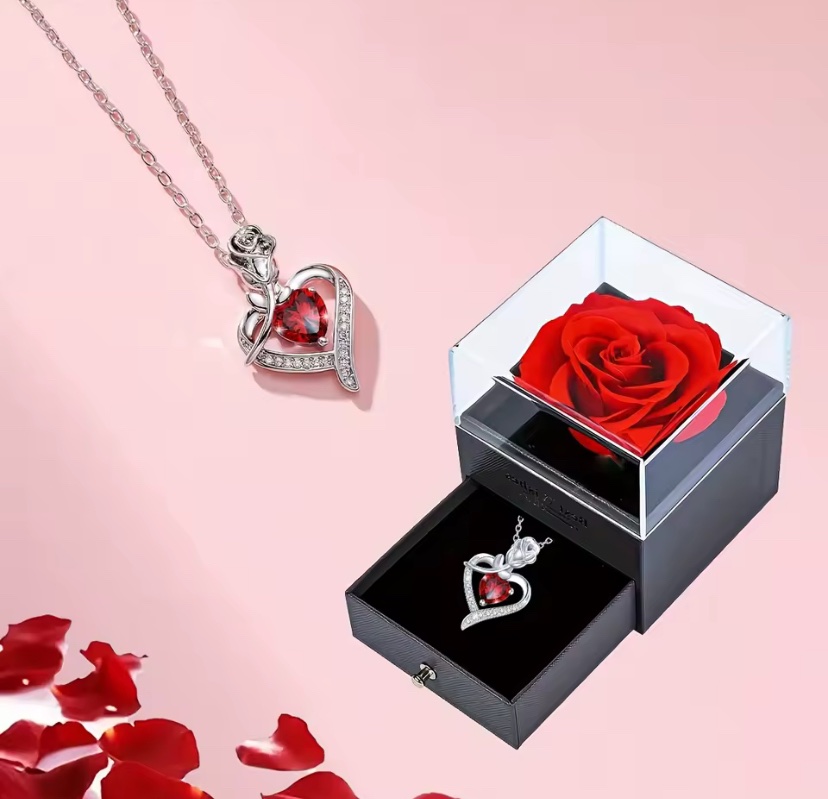 LUXURY RED ZIRCON GEART NECKLACE WITH ROSE GIFT