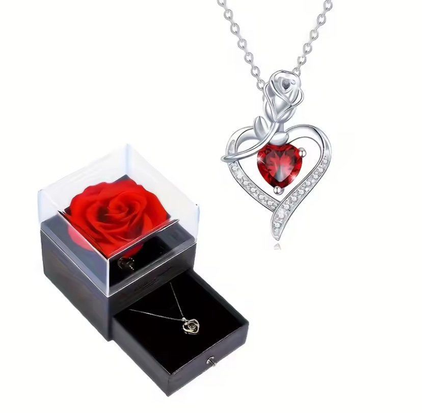 LUXURY RED ZIRCON GEART NECKLACE WITH ROSE GIFT